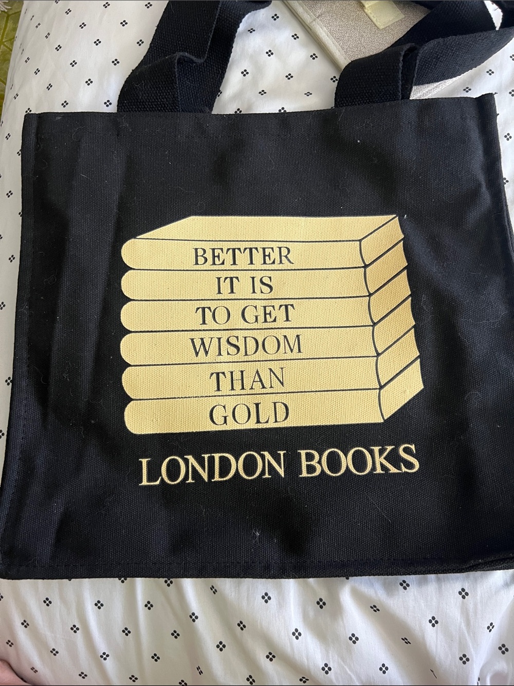 Black Tote Bag with Gold Print